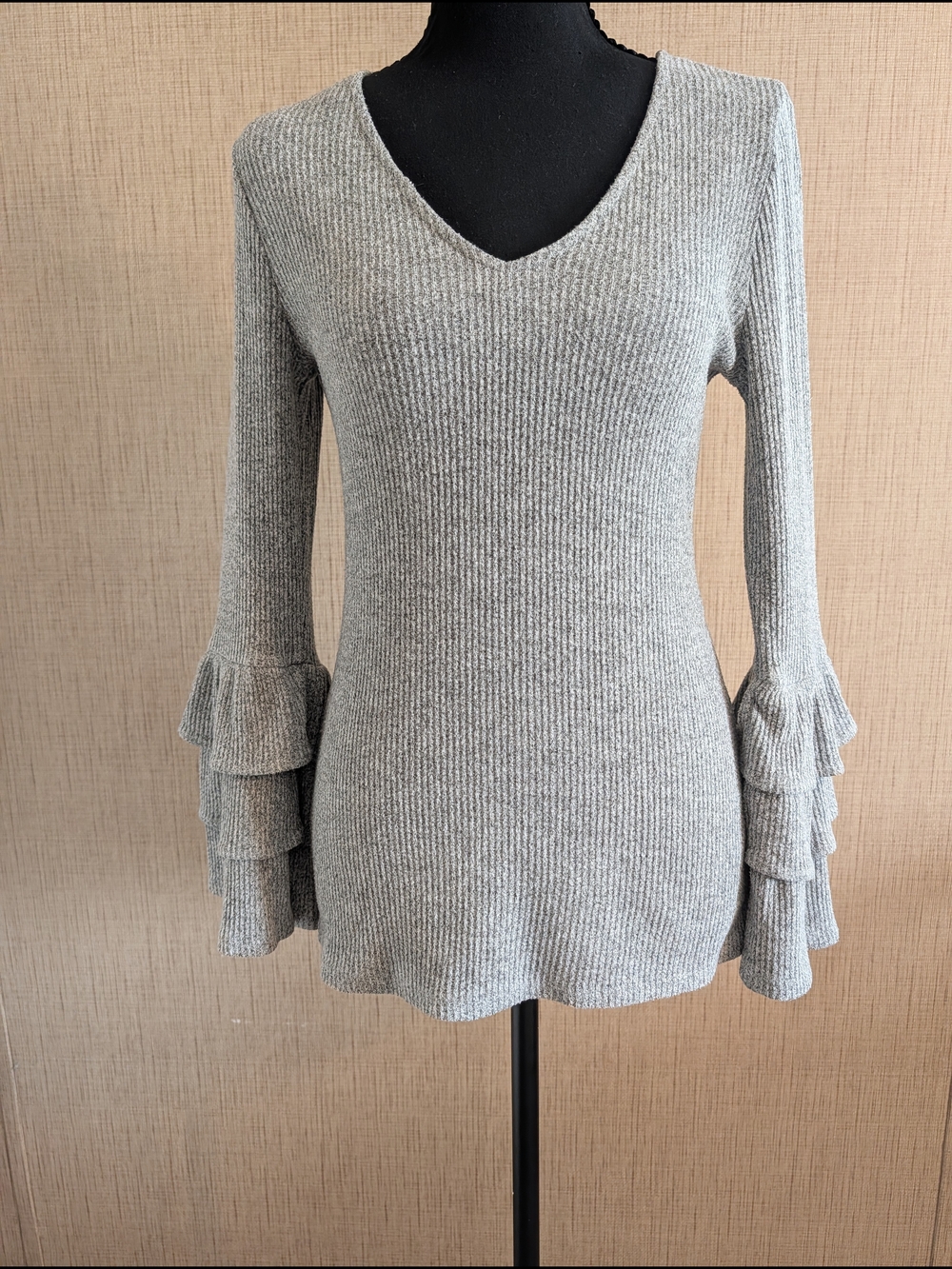 White House Black Market Gray Ribbed V-Neck Sweater with Ruffle Sleeves